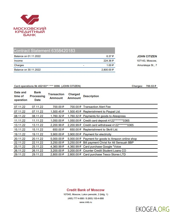 Relevé bancaire de la Banque de crédit de Russie de Moscou xls